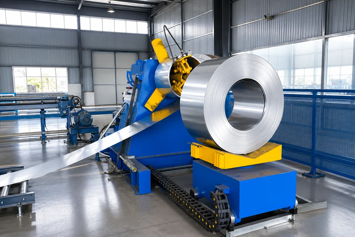 Aluminium-zinc steel coil on the decoiler, ready for the line