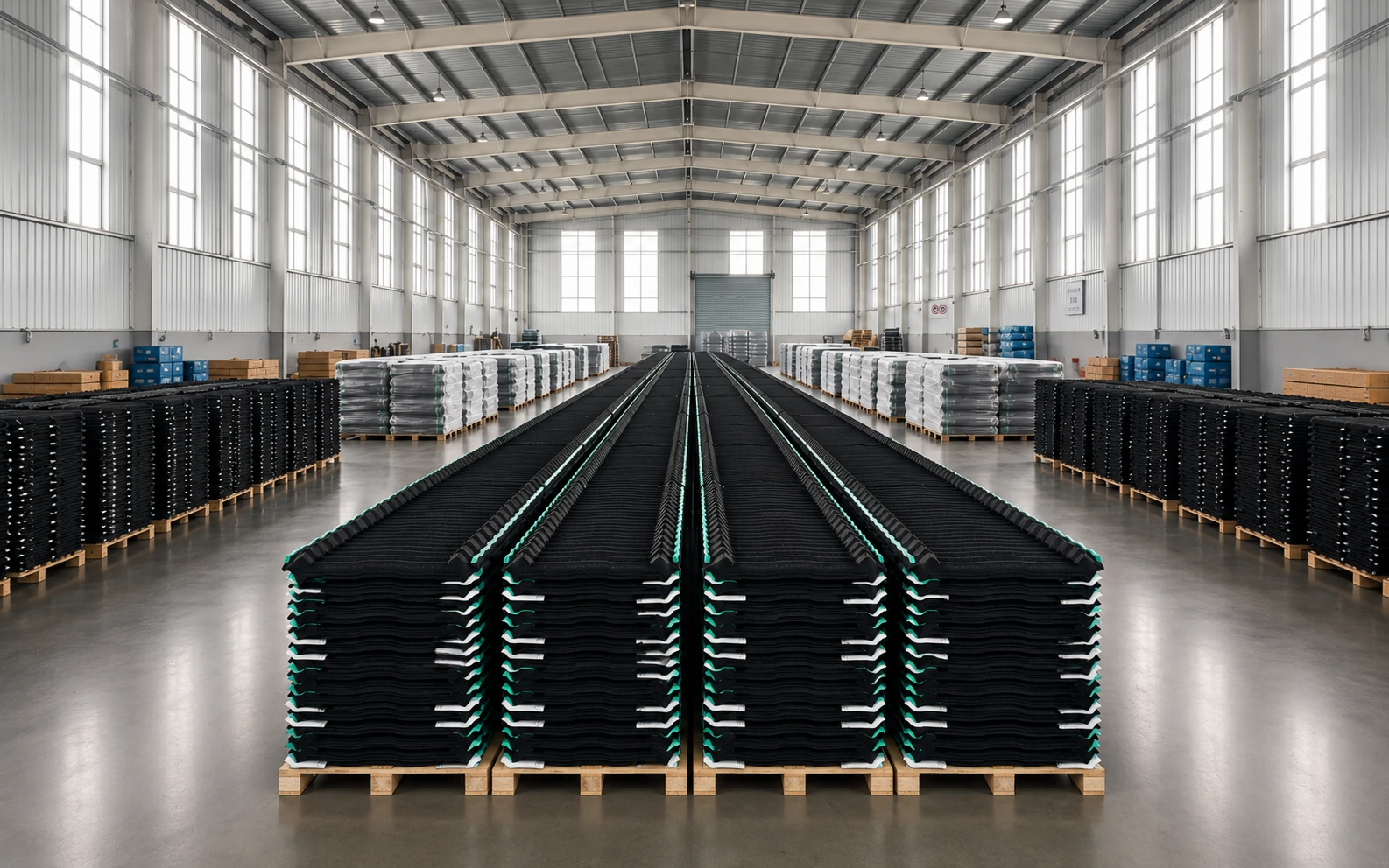 Finished pallets staged by profile and colour in the main warehouse