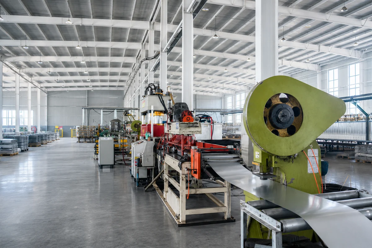 Roll-forming press shaping a panel from the coil
