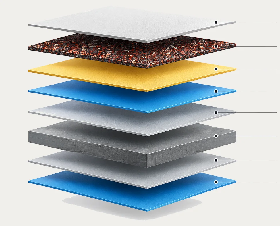 Exploded view of the eight-layer stone coated steel tile: clear acrylic overglaze, coloured stone, acrylic adhesive, protective coat, aluminium-zinc, steel base, aluminium-zinc and a final protective coat.